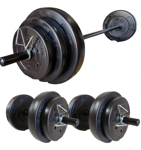 Barra + 2 Mancuernas + 30 Kg Discos Lisos Encastrables Bsfit