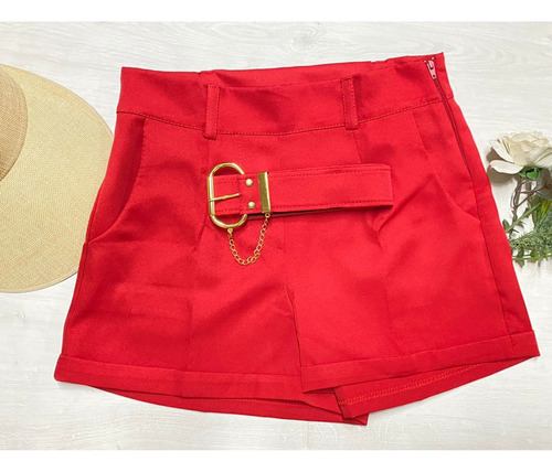 Short Feminino Alfaiataria Moda Blogueira Detalhes Fivela 