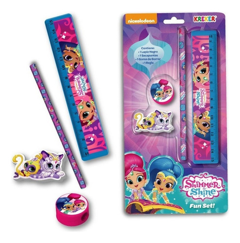 Kit Escolar Shimmer Shine Lapiz Goma Sacapuntas Regla Kreker