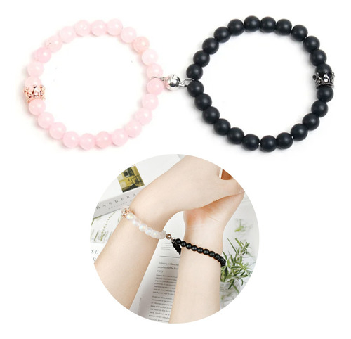 Pulsera Para Parejas Dije Corona Rosa Y Negro Magnetico