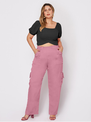 Wide Leg Cargo Pantalona Moda Plus Size Elastano Soltinha