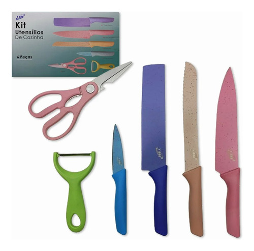 Kit Facas E Utensílios Para Cozinha Em Inox Colorido 6 Peças