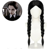 Peruca Preta Trança Franja Wandinha Familia Addams Cosplay