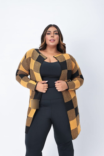 Blusa Casaco Fem Plus Size Xadrez Lã Tricot De Frio