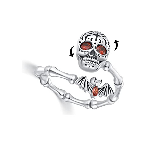 Anillo De Calavera De Plata De Ley Ajustable Con Esqueleto A