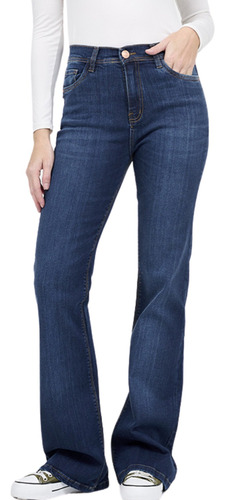 Jeans Semi Oxford Azul Mujer Tiro Alto Elastizado Con Ruedo