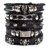 Pulsera Hombre Cuero Genuino Set 5 En 1 Calavera Infinito