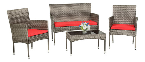 Juego De 4 Muebles Para Patio Mimbre Gris Cojin Tricolor Plh