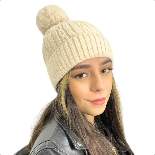 Touca De Lã Pompom Moda Feminina Forrada Cinza Inverno Frio