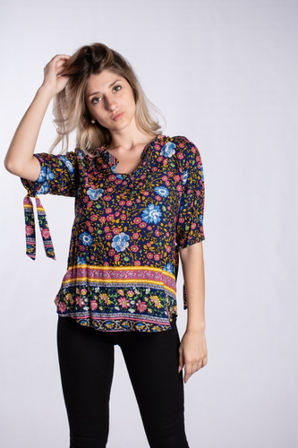 Blusa Camisola Mujer Estampada Con Detalle Tiras En La Manga