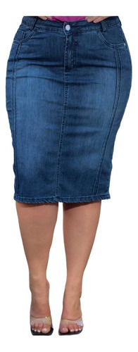 Saia Plus Size Jeans Com Elastano Moda Evangélica 44 Ao 50
