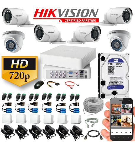Camaras Hikvision Kit Dvr 8 Ch + 6 Cám+ Disco 2tb Completo