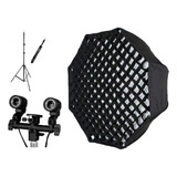 Kit Softbox 80cm Com Grid + Tripé + Suporte De Lâmpada Duplo