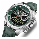 Relógio De Pulso Naviforce Nf9197l Com Corpo Prateado,  Analógico-digital, Para Masculino, Fundo  Verde E Preto, Com Correia De Couro Cor Verde, Agulhas Cor Verde, Branco E Prateado, Subdials De Cor B