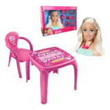 Boneca Barbie Pentear + Mesinha + 1 Cadeira Infantil Beauty