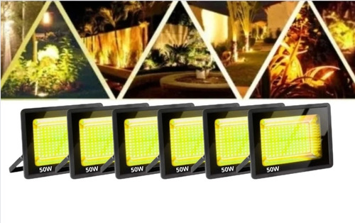 Kit 6x Refletor Holofote Led 50w Bivolt 3000k Amarelo Ip65