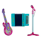 Kit Violão Guitarra Infantil Cor Rosa + Microfone + Sanfona