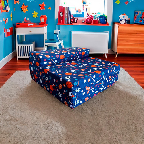 Sofá Cama Infantil Plegable, Colchoneta Con Soporte Firmé Color Azul Pelotas