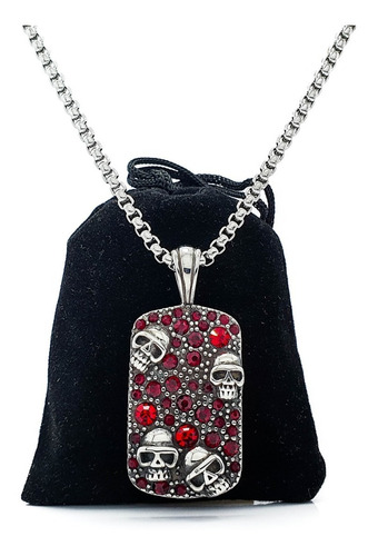 Collar Hombre Acero Inoxidable Placa Calavera Piedras Rojas 