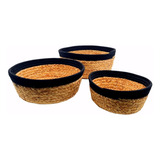 Panera Canasto Rattan Set 3 Piezas Beige Negro 35x35x17cm