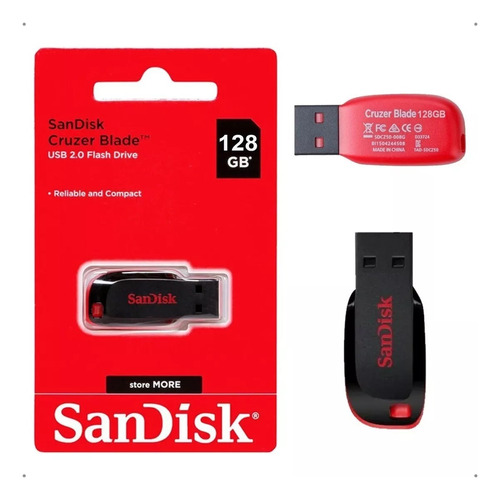 Pendrive Sandisk Cruzer Blade 128gb 2.0 Preto E Vermelho Usb