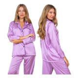 Pijama De Satén Mujer Camisero Invierno Comodo Suave Selene