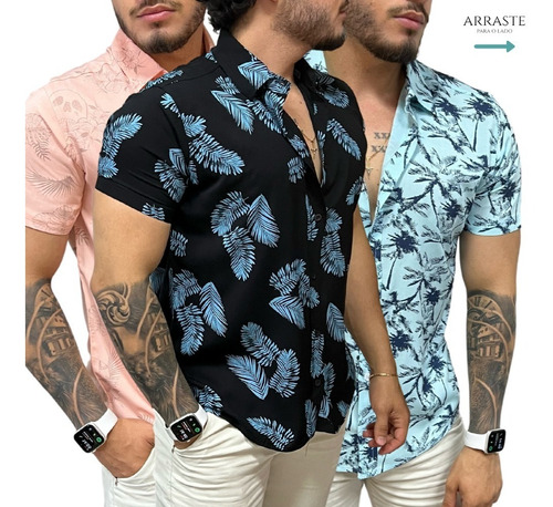 Kit 3 Camisa Social Manga Curta Masculina Estampada Florida