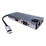 Hub Usb C Dock 8 En 1 Usb Hdmi Lan Lector Tarjeta Carga Vga*