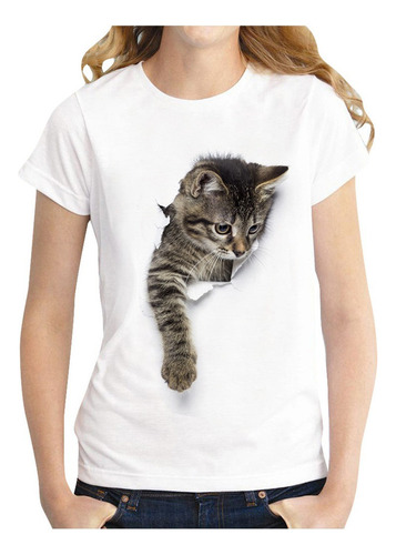 Camiseta Casual Con Estampado De Gato 3d Para Mujer Summer S