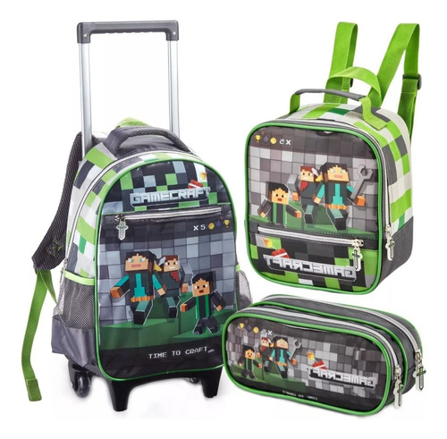 Kit Mochila Rodinha Gamecraft Minecraft Infantil Menino G