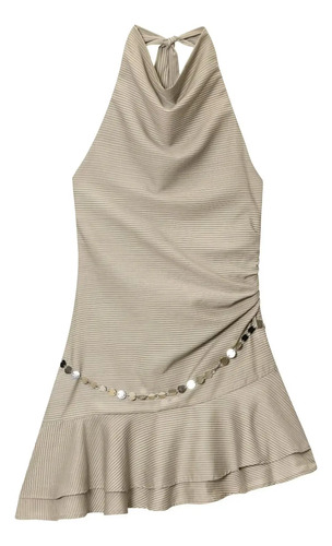 Elegante Vestido Corto Con Cinturón Y Cuello Halter A Rayas