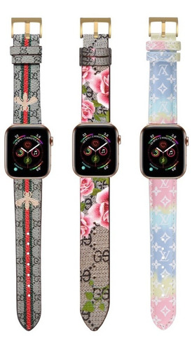 Correa De Piel Reloj Apple Watch Lujo Diseñador Gg Lv Combo