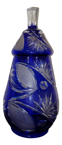 Jarrón Cristal De Bohemia Potiche Azul Tallado A Mano