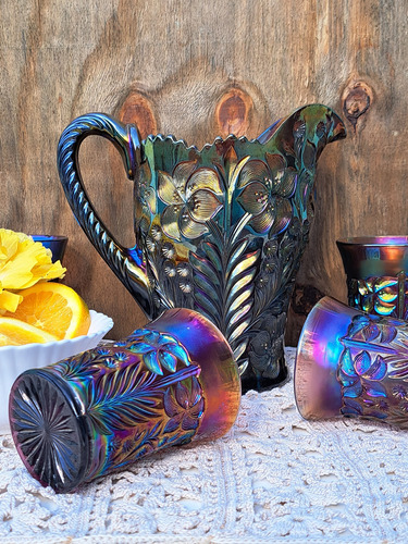 Jarra Y Vasos Carnival Glass Color Azul Tornasolado Antiguo