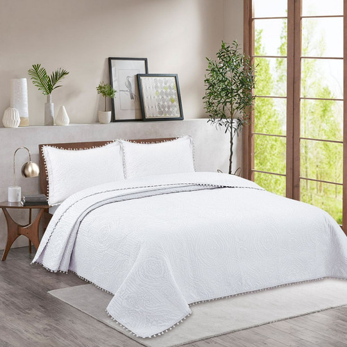 Blanco - Cubrecama Quilt De Verano King 2.5 Plazas Pompones 