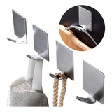 Gancho Adhesivo Acero Inoxidable Baño Cocina Ropa Llaves 4pz Color Plata Rectangular