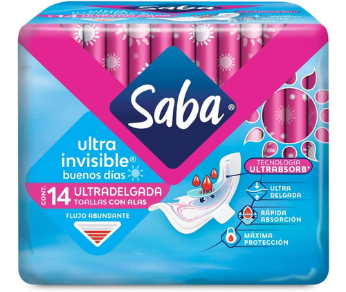 Toallas Femeninas Saba Ultrainvisible Buenos Días Ultradelgdas Con Alas 14 Unidades