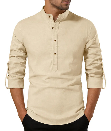 Camisa Hombre Cuello Mao Lino Casual Slim Fit Manga Larga | MercadoLibre