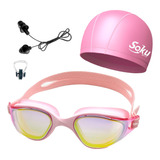 Kit Natación Profesional Mujer Hombre Set Lentes Gafas Gorra Color Rosa Soku Classic Pro