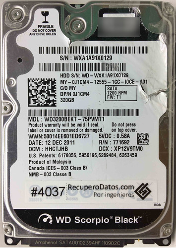 Wd Wd3200bekt-75pvmt1 320gb Sata - 04439 Recuperodatos