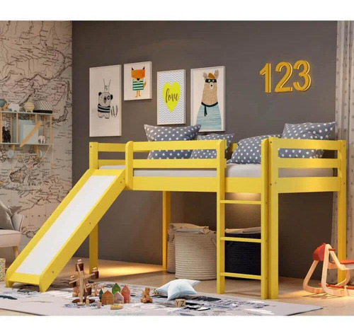 Cama Alta Kids Com Escorregador Em Madeira Maciça Amarelo