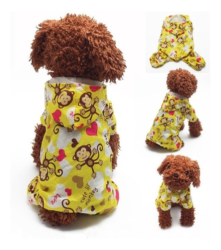 Capa De Chuva Cachorro Pequeno Macaco Amarela Roupa Pet