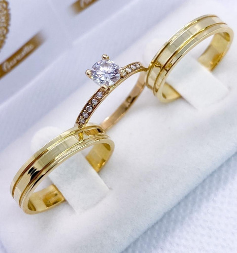 Par Alianças E Solitário Casamento Noivado 4mm 4g Ouro 18k