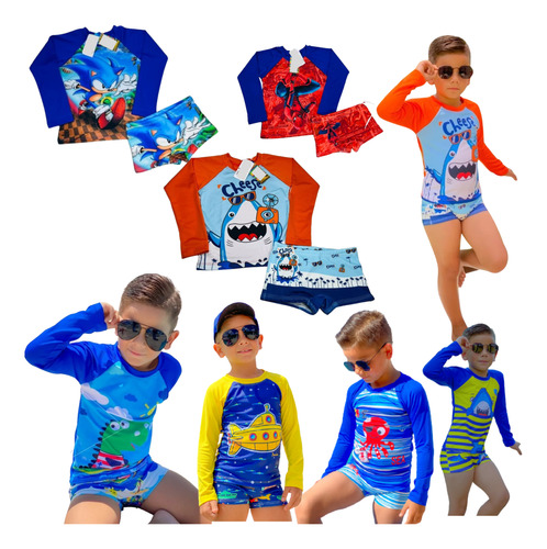 Conjunto Infantil Uv50 Proteção Solar Bebê Moda Praia Menino