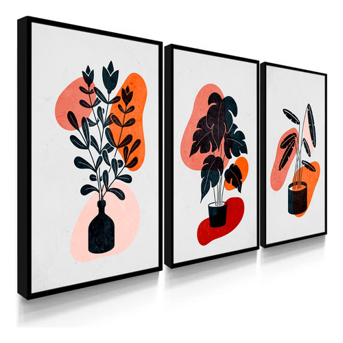Quadro Decorativo Sala Moderna Plantas Vaso Trio Abstrato
