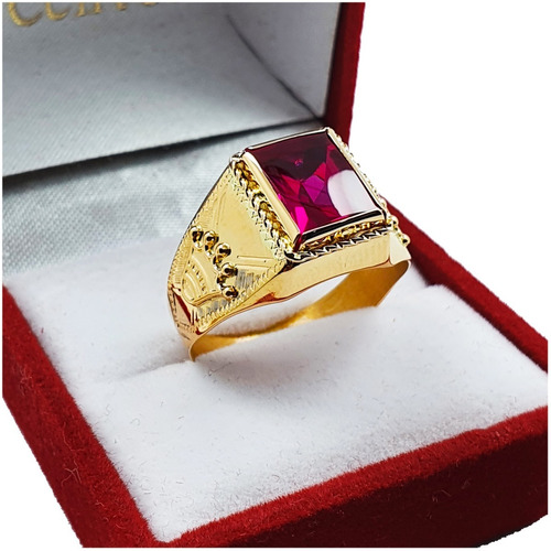 Anillo Sello Corona Piedra Roja Oro 18kts Regalo Hombre 