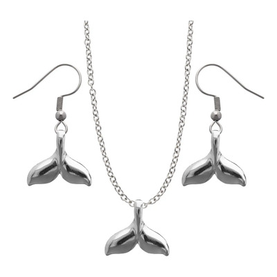 Kit Collar Y Aretes Animales Acuáticos Dije Cadena Acero Plateado Cola Ballena Aletas