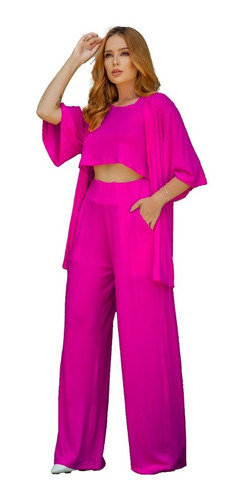 Conjunto Calça Blusinha E Kimono Moda Comfy