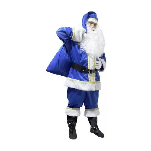 Roupa Papai Noel Azul + Barba Peruca Luvas Fantasia Adulto