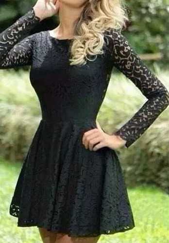 Vestido Curto, Rodado Em Renda, Festa, Com Manga Longa M001e